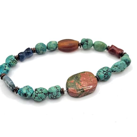 Estate Jewelry - Gemstone Dyed Howlite Green Veined Agate Lapis Chalcedony Bracelet 7in